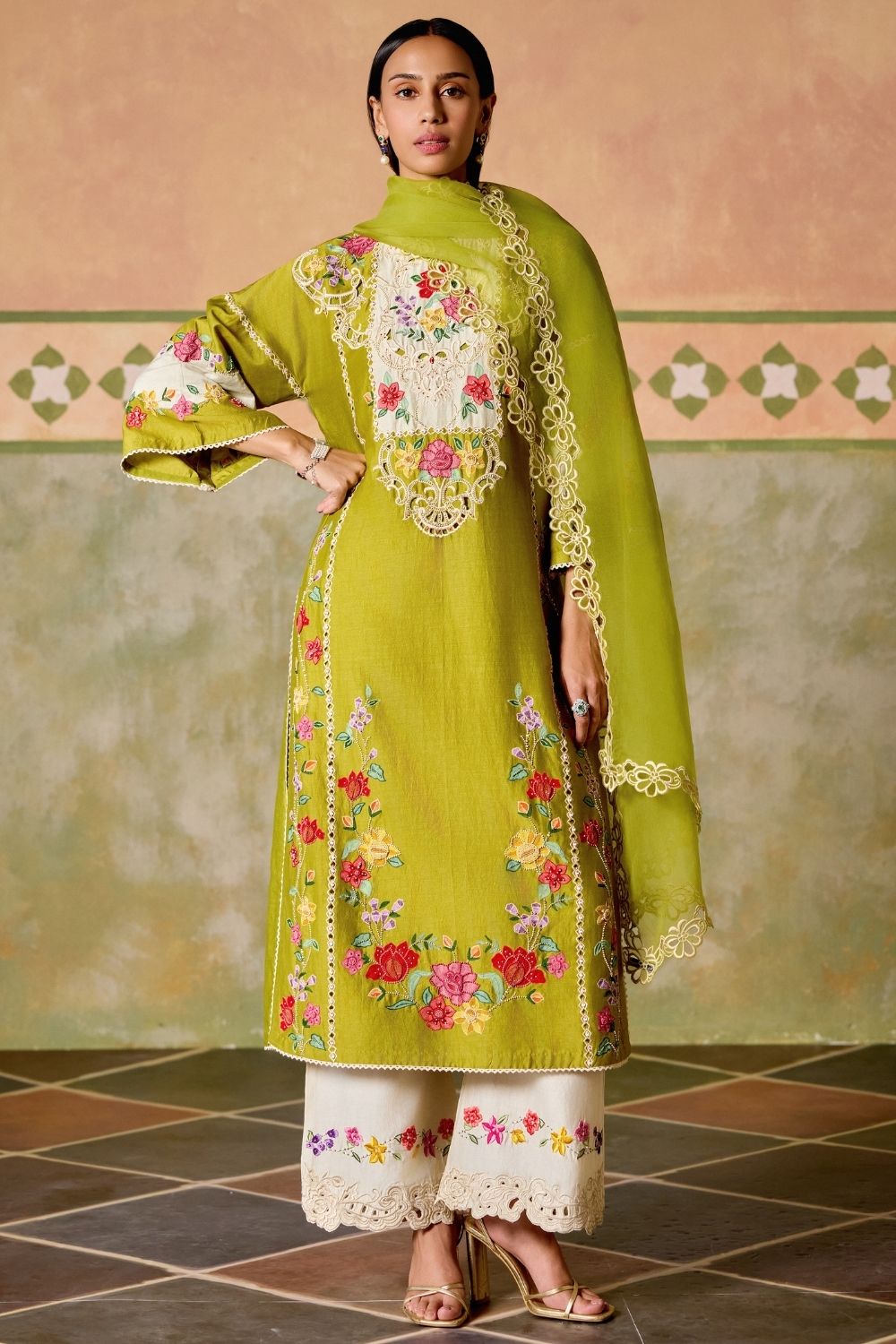 Olive contrast cutwork dupatta