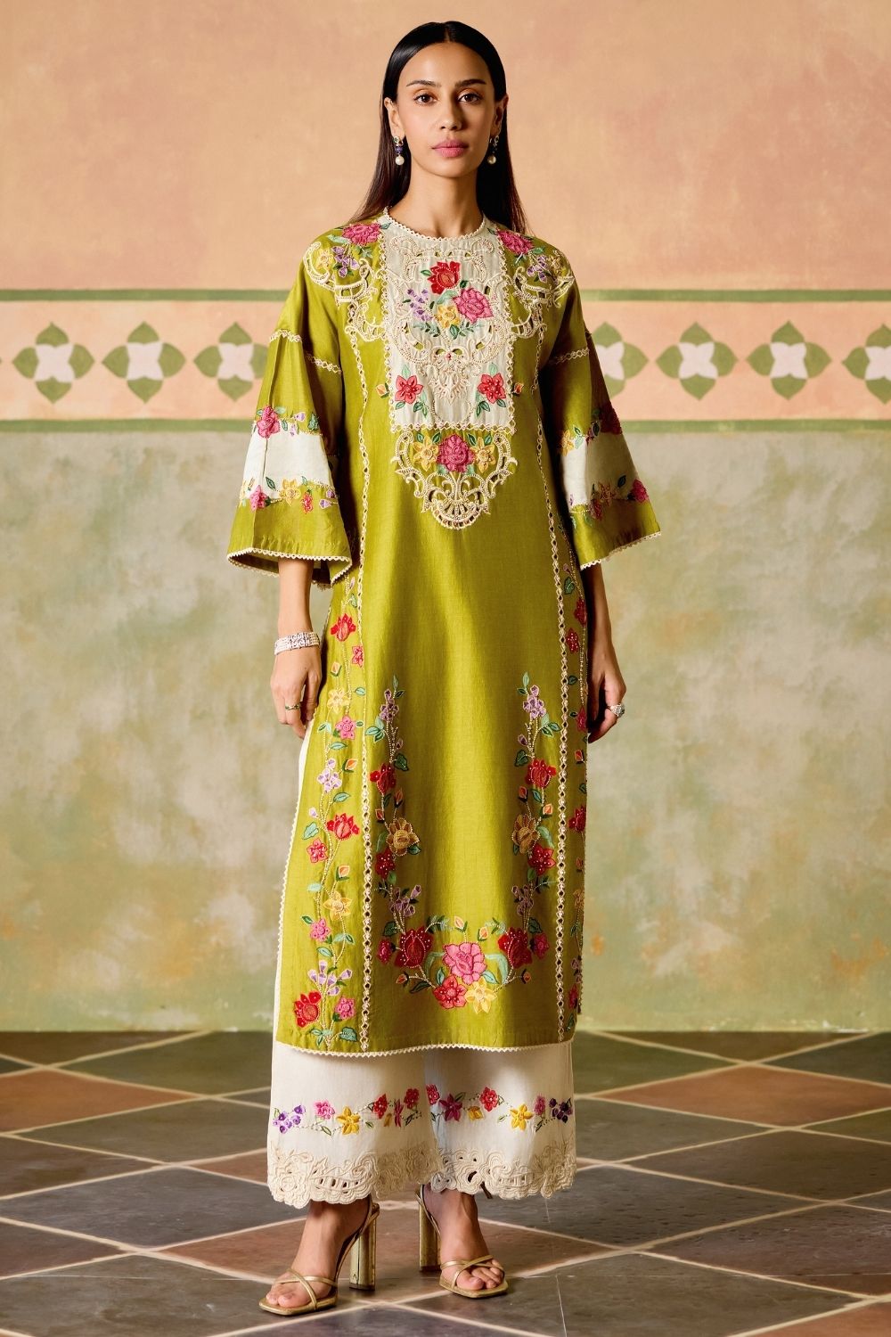 Olive & Ivory color block kurta with Ivory embroidered pants