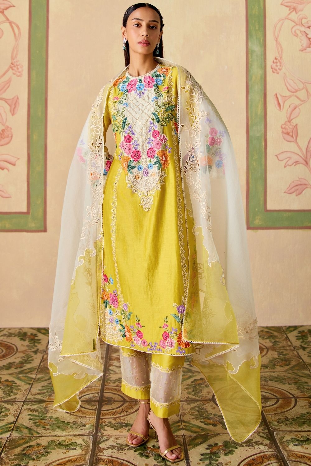 Yellow & Ivory color block dupatta