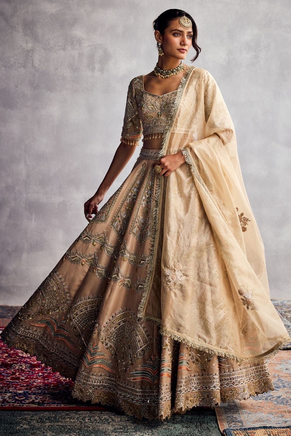Beige Embroidered Lehenga Set