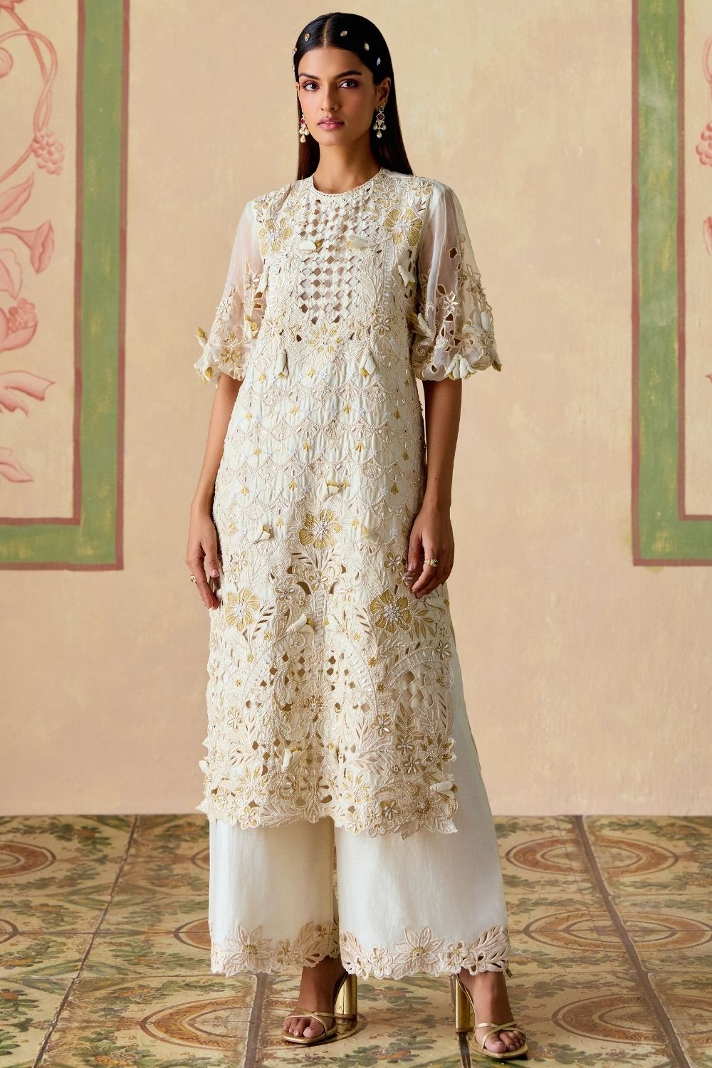 Ivory & gold cutwork kurta with cutwork flared pants