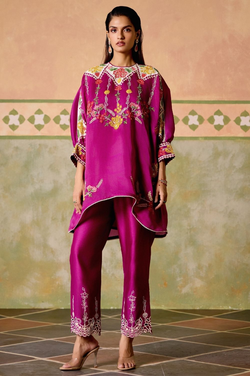 Purple embroidered kimono tunic with narrow pants