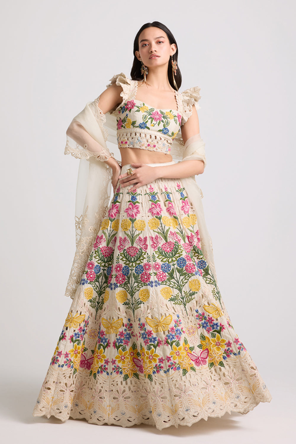 Ivory Floral Threadwork and Beadwork Lehenga