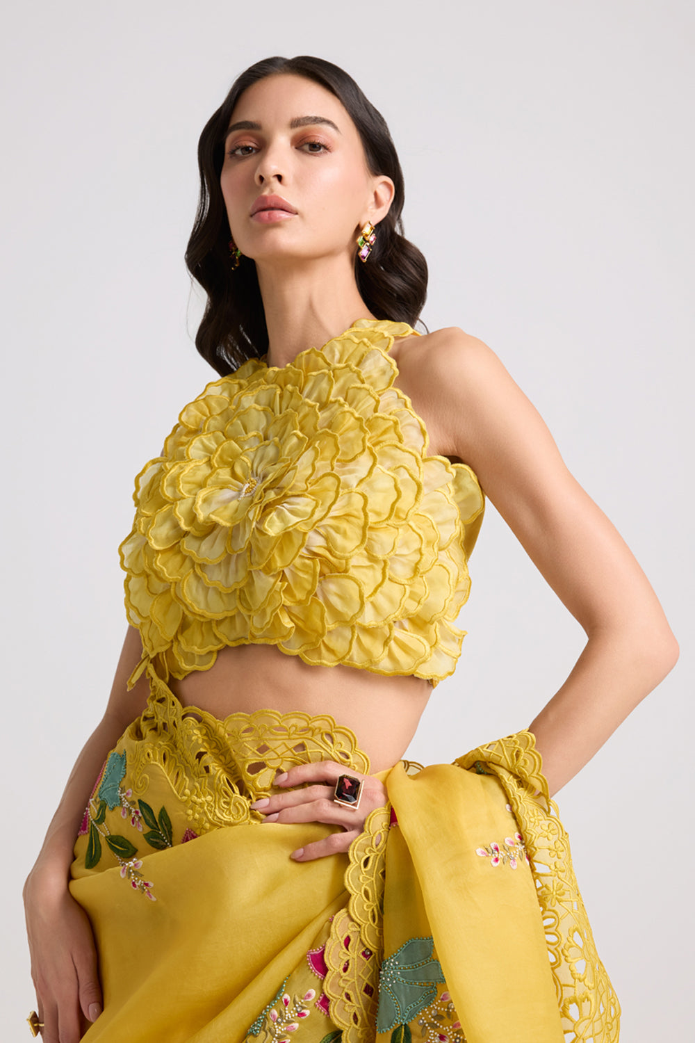Yellow Shaded Dahlia 3D Applique Top