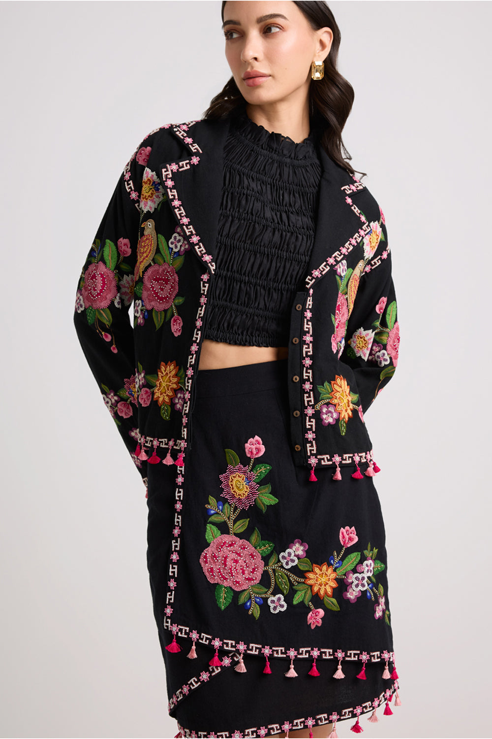 Black Floral Threadwork Short Jacket