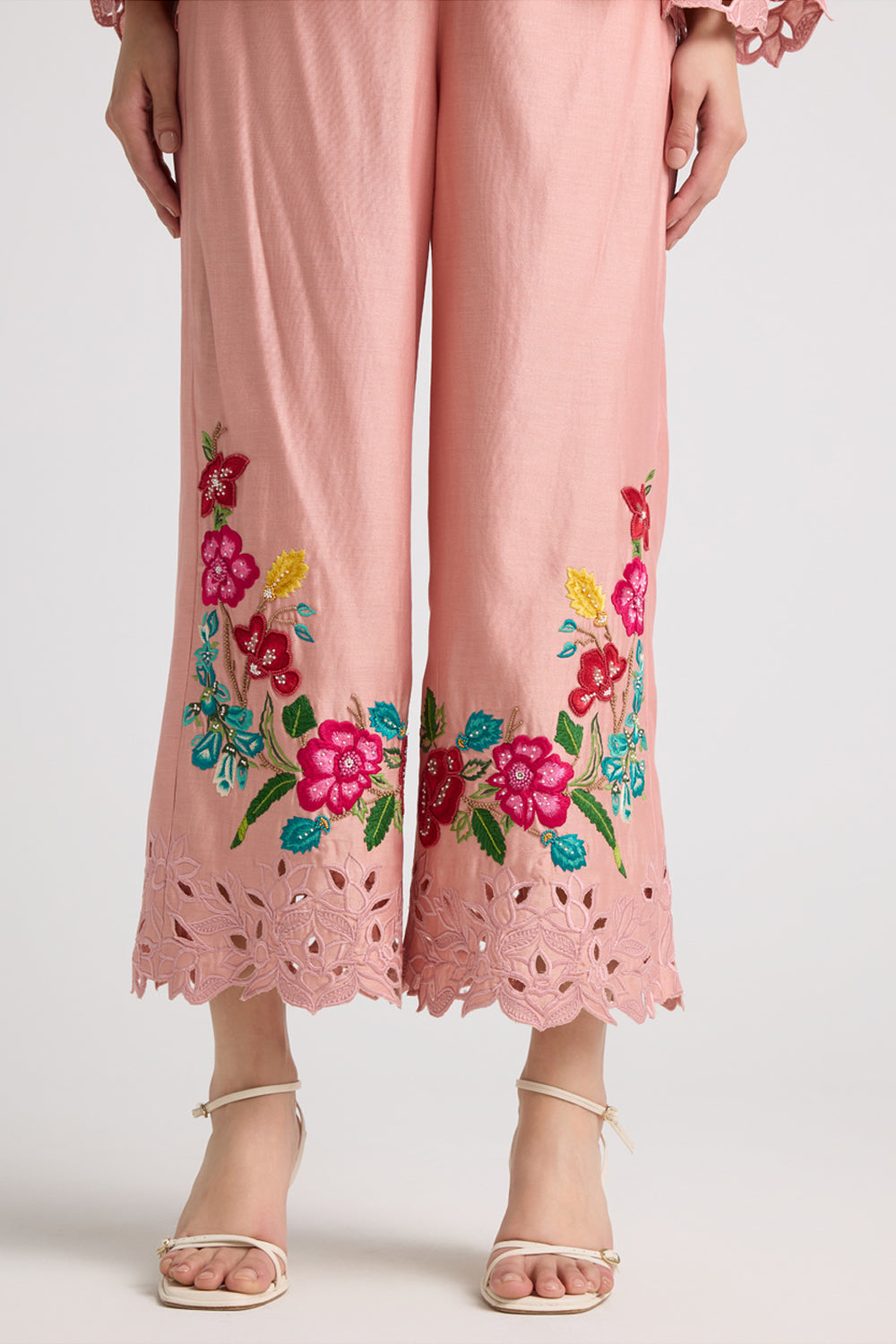 Soft Pink Threadwork and Cutwork Pants