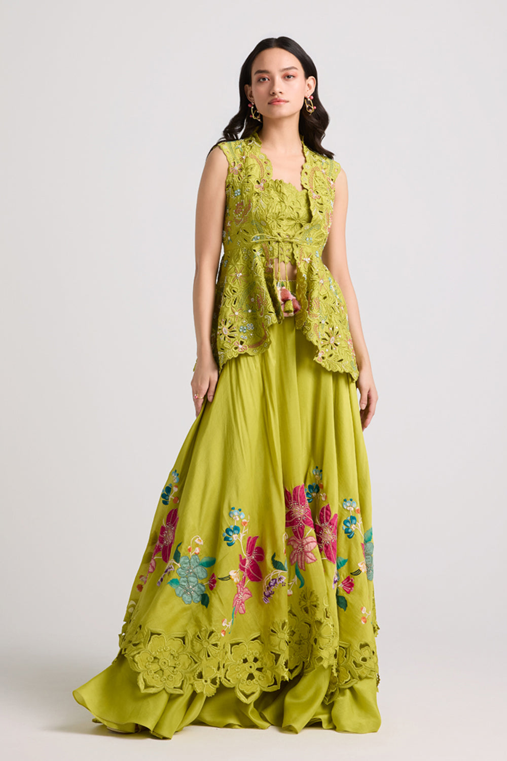Lime Green Floral Applique Layered Lehenga