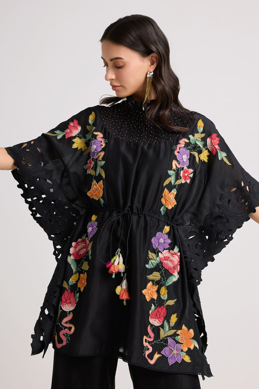 Black Applique and Beadwork Smocked Kaftan