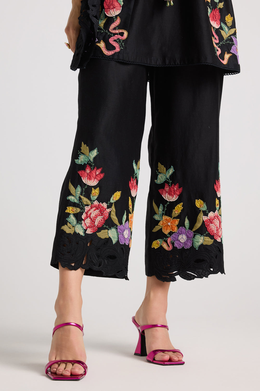 Black Applique and Beadwork Pants