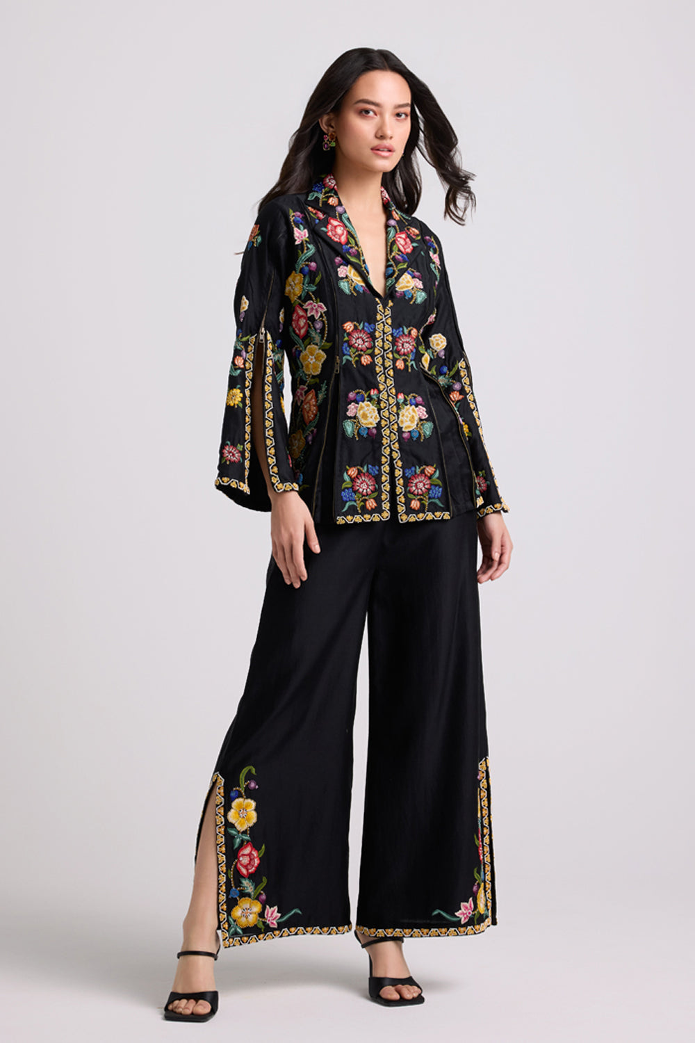 Black Floral Zipper Detail Jacket