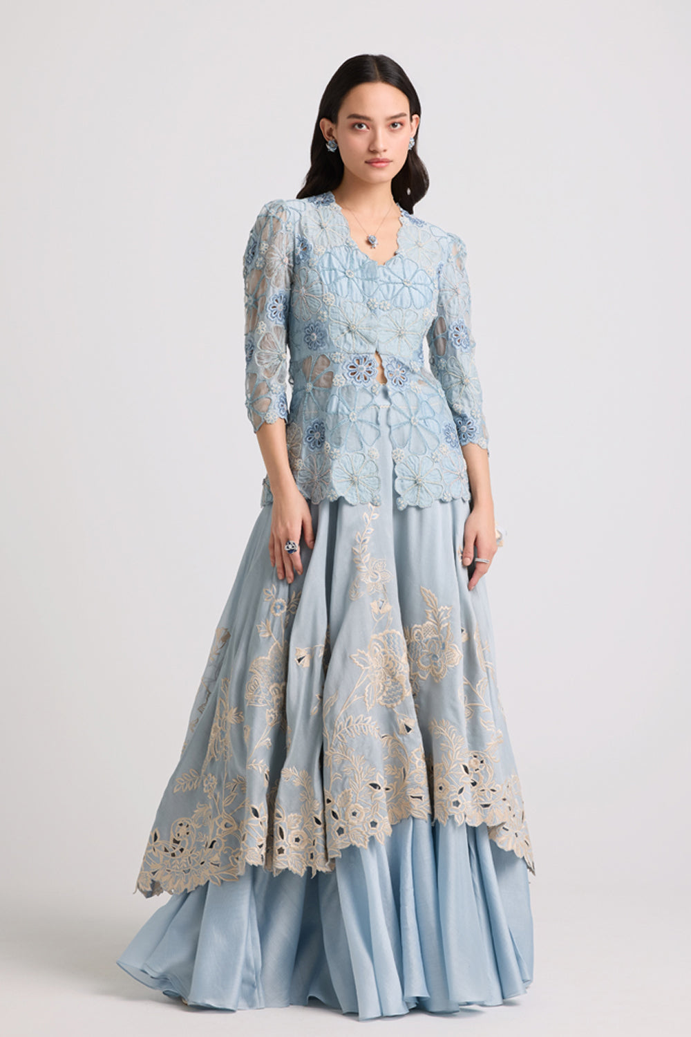 Powder Blue Contrast Cutwork Layered Lehenga