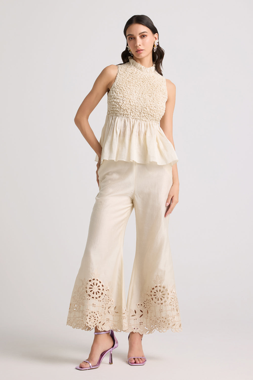 Ivory Floral Cutwork Bell Bottoms