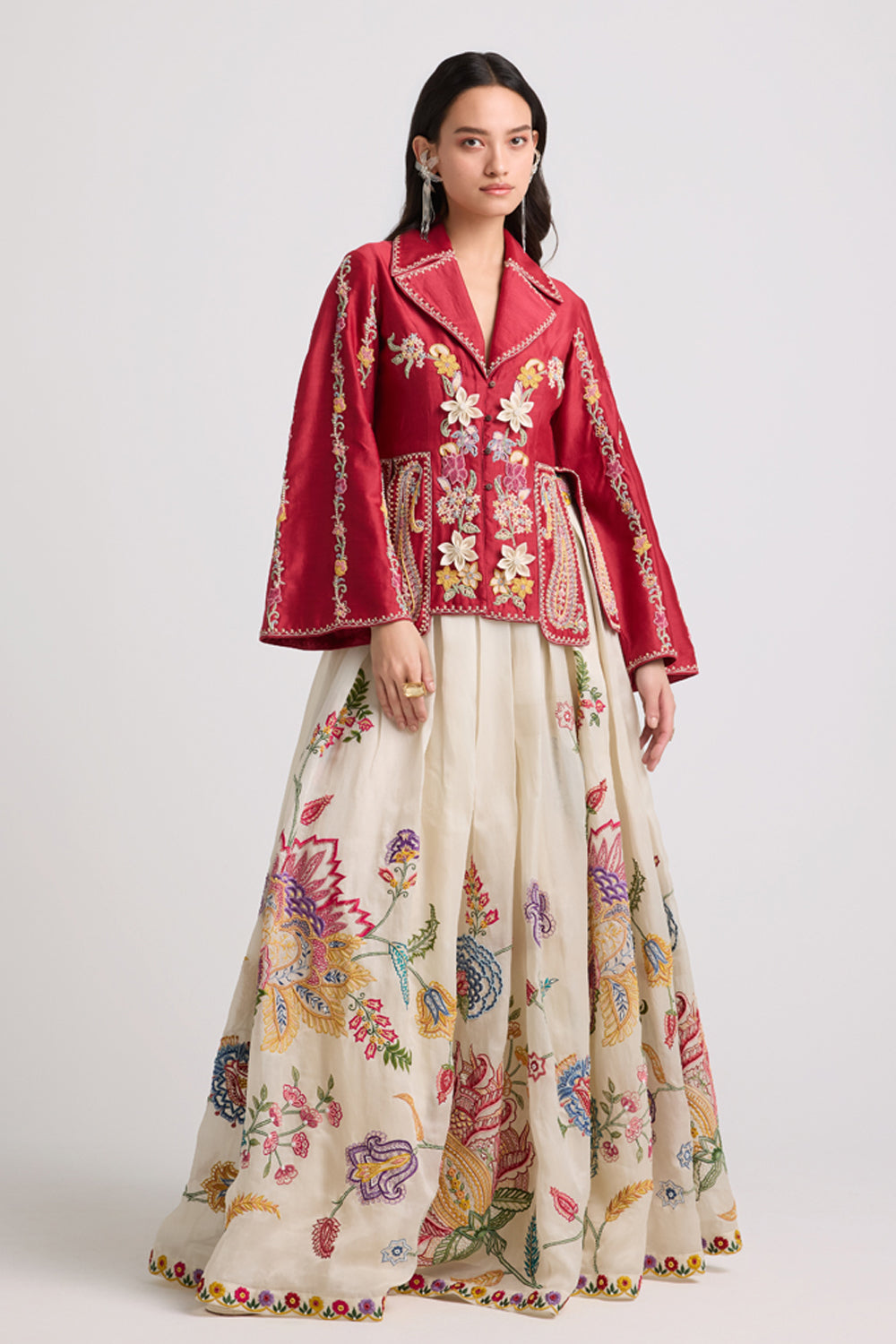 Ivory Threadwork and Beadwork Pleated Lehenga