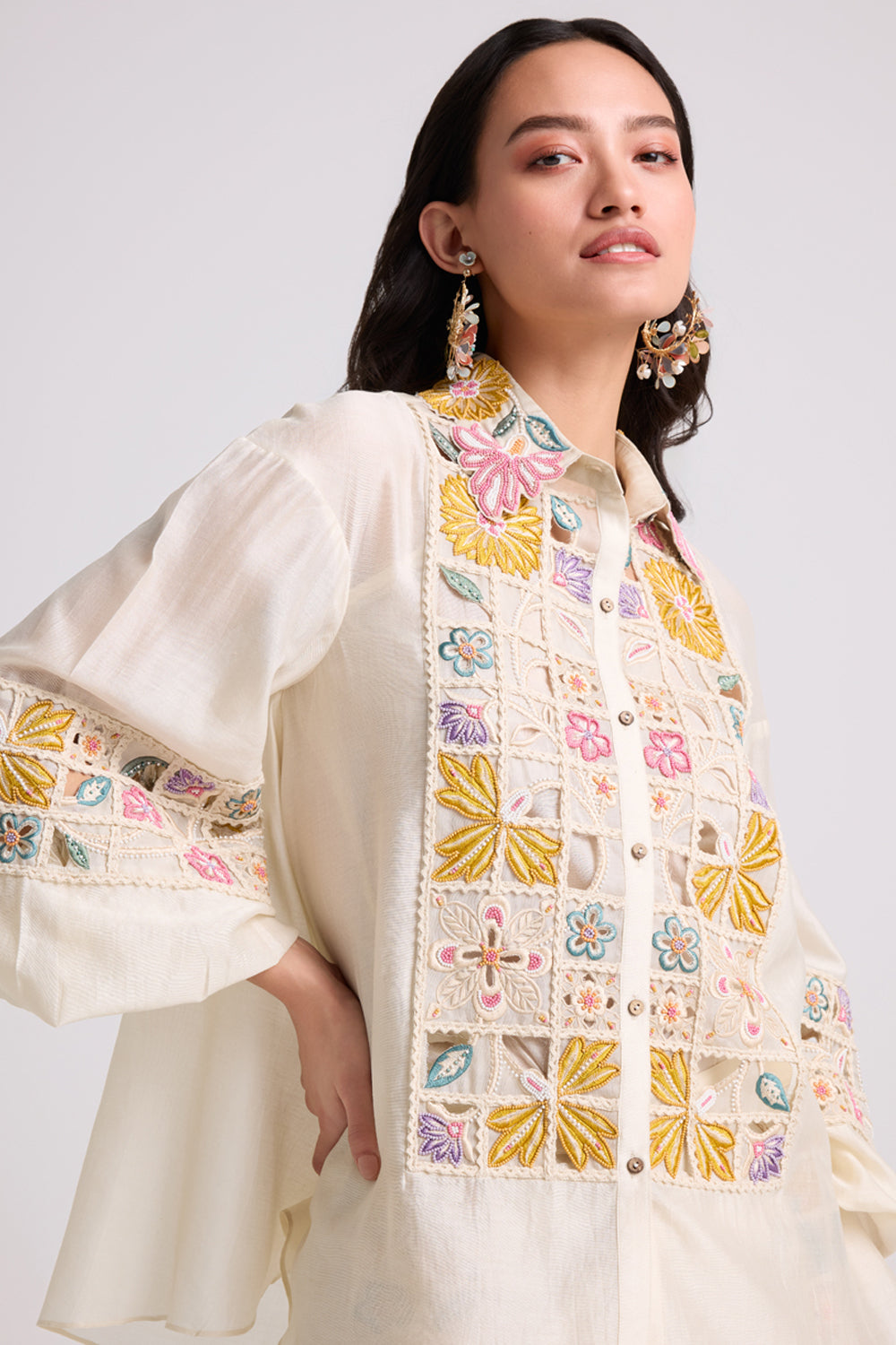 Ivory Checkered Yoke Detail Shirt