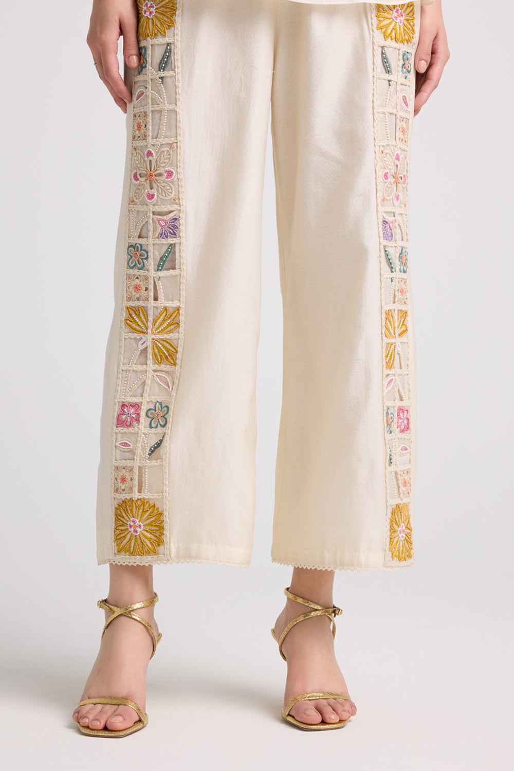 Ivory Checkered Embroidered Pants
