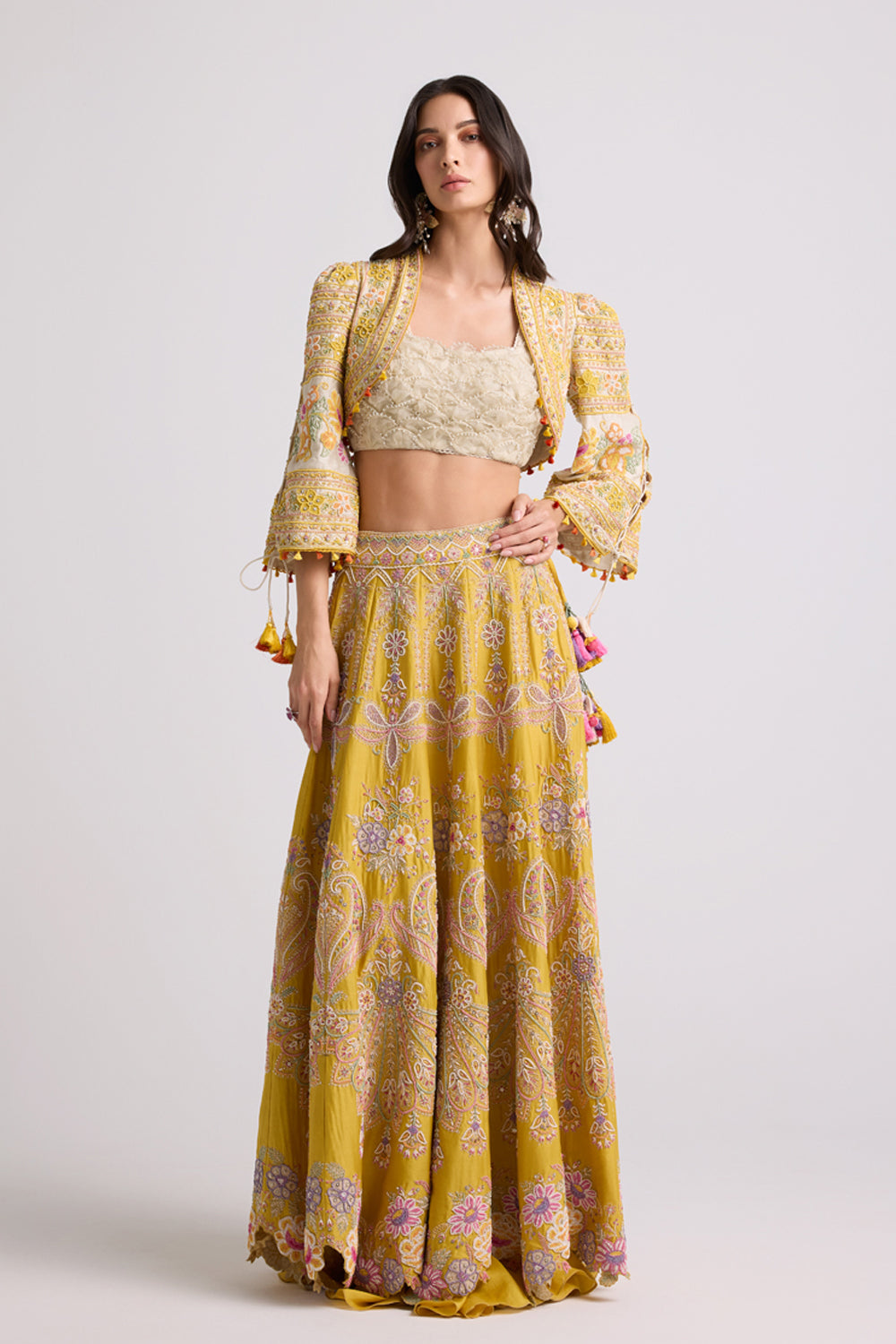 Yellow Contrast Cordwork and Beadwork Lehenga