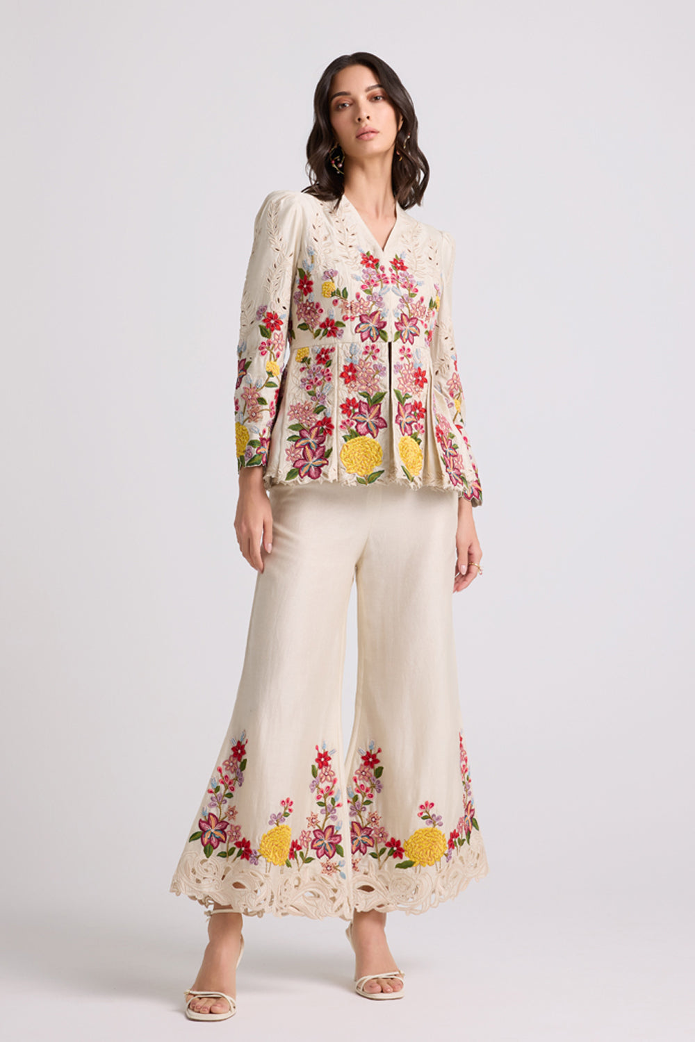 Ivory Floral Threadwork Bell Bottom Pants