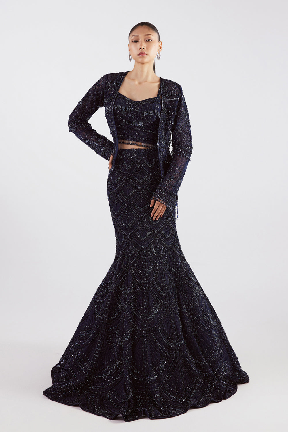 Navy Fish Cut Lehenga With a Short Jacket – Bombaim