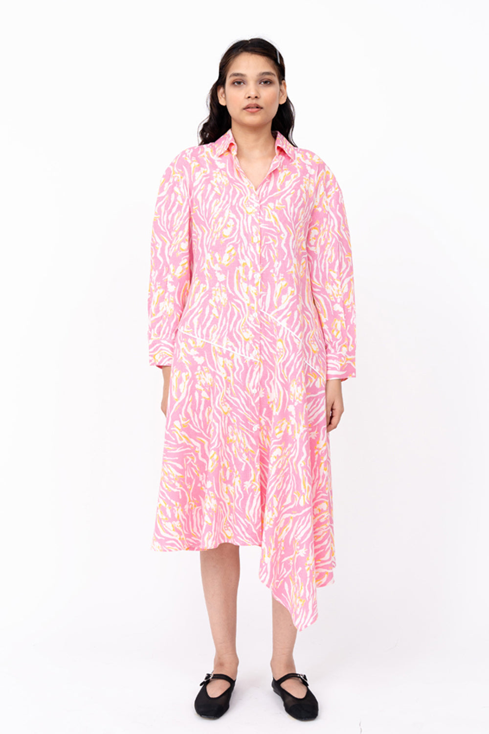 Pink Wave Print New Slide Shirt Dress