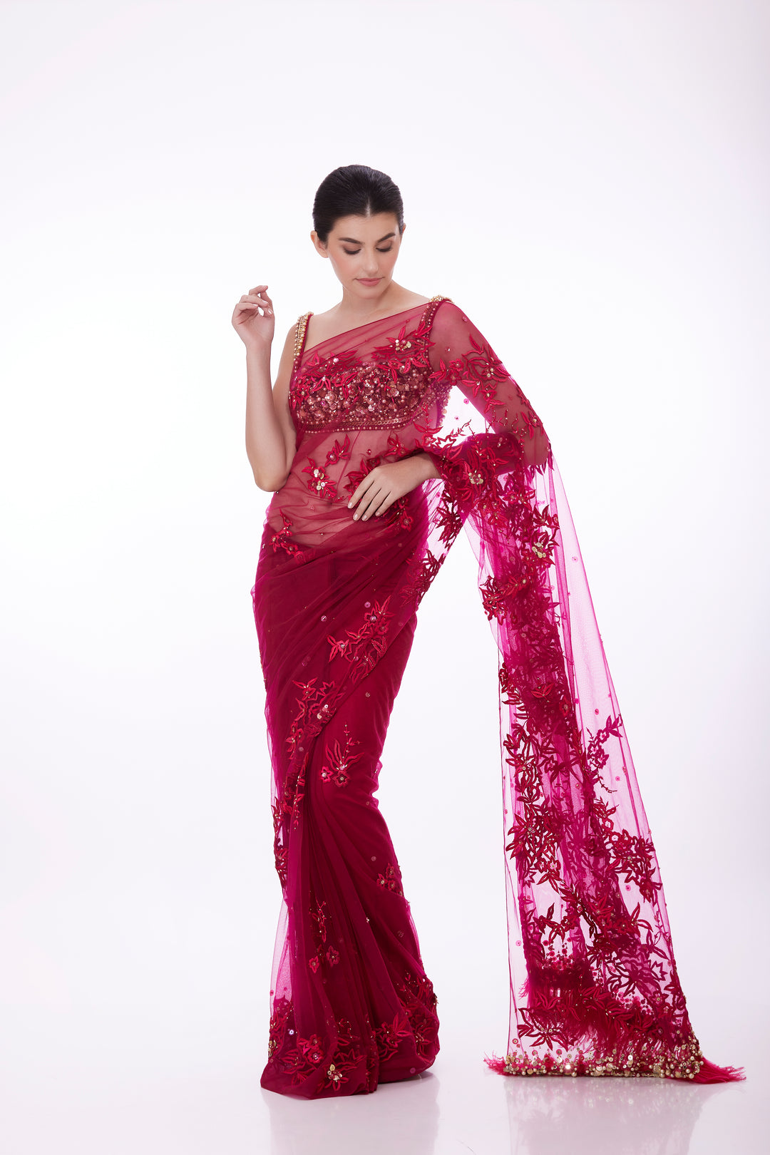 Ruby Net sari with pink parsi gara flowers & feather pallu & petticoat