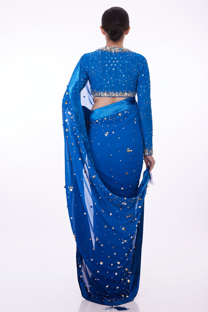 Blue shaded sari with sequins-velvet border & shaded petticoat