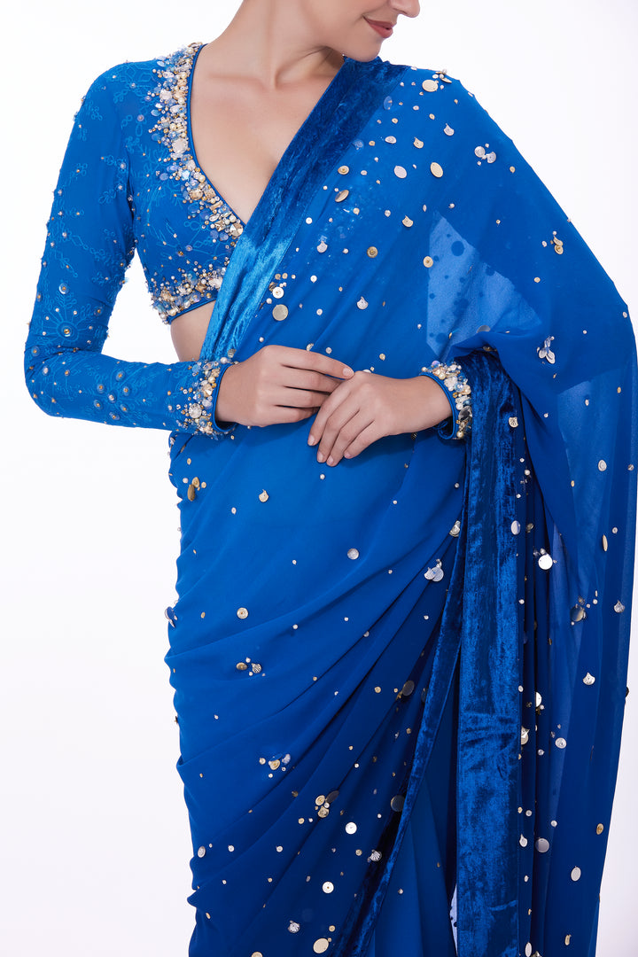 Blue shaded sari with sequins-velvet border & shaded petticoat