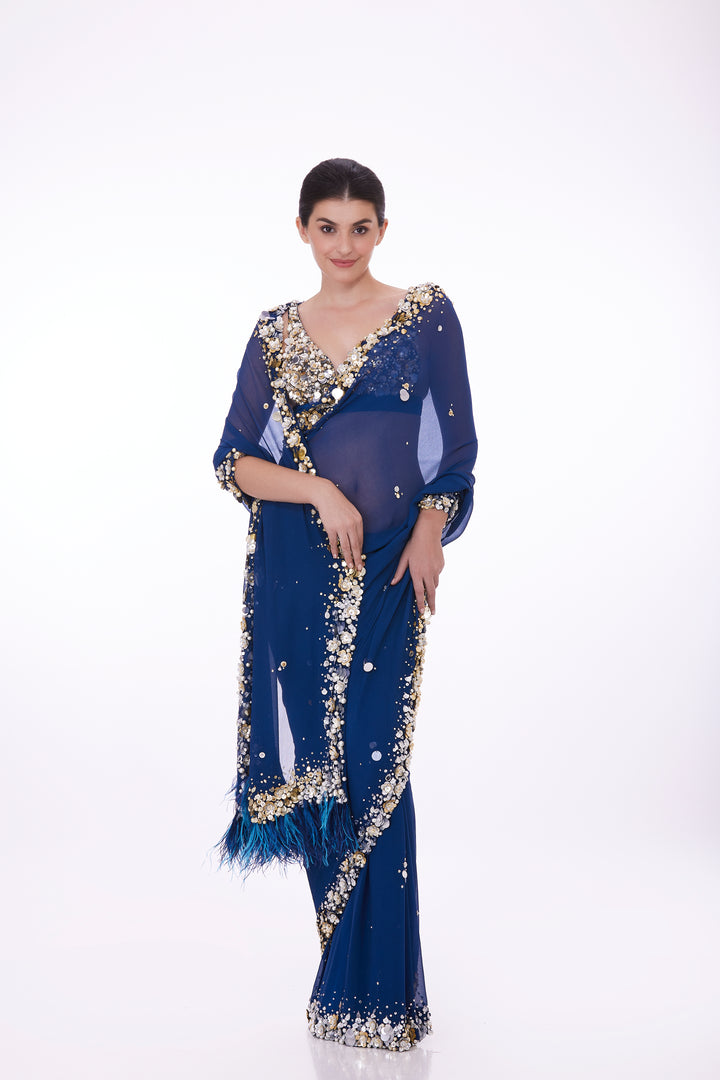 Blue chiffon sari with gold/silver sequin border/ feather pallu