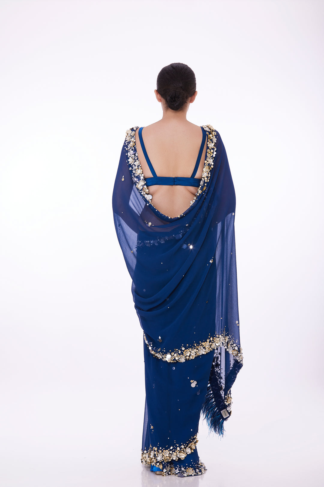 Blue chiffon sari with gold/silver sequin border/ feather pallu