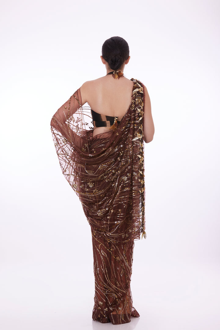 Brown sequins net sari & shaded petticoat