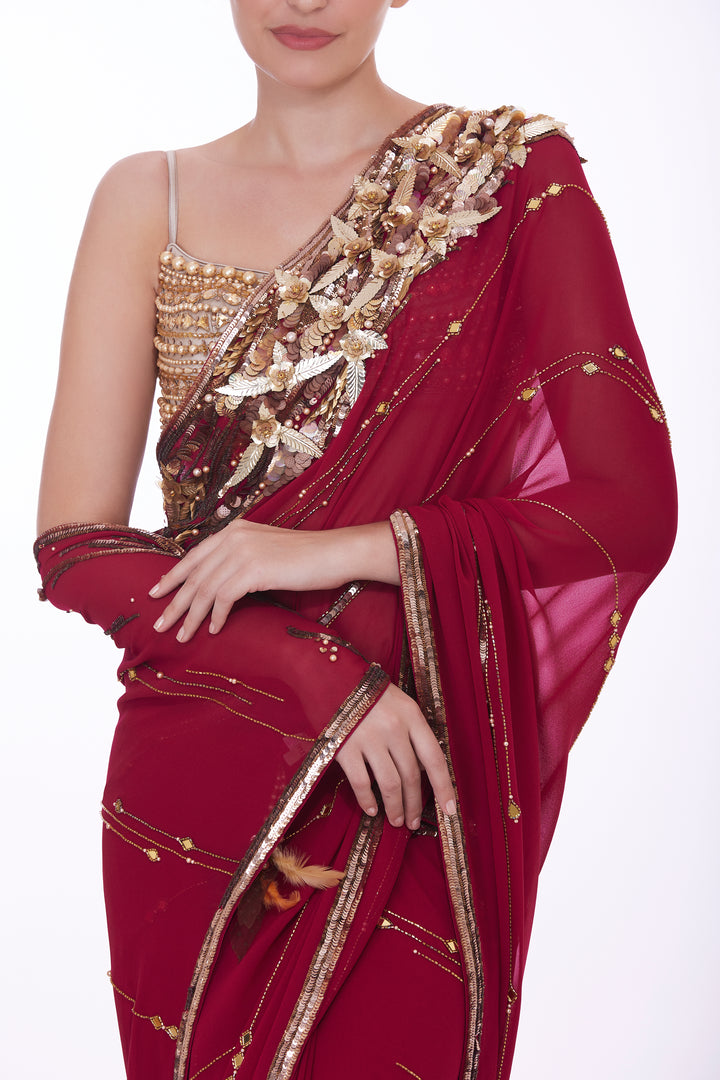 Ruby georgette sari with matha patti border detail & petticoat