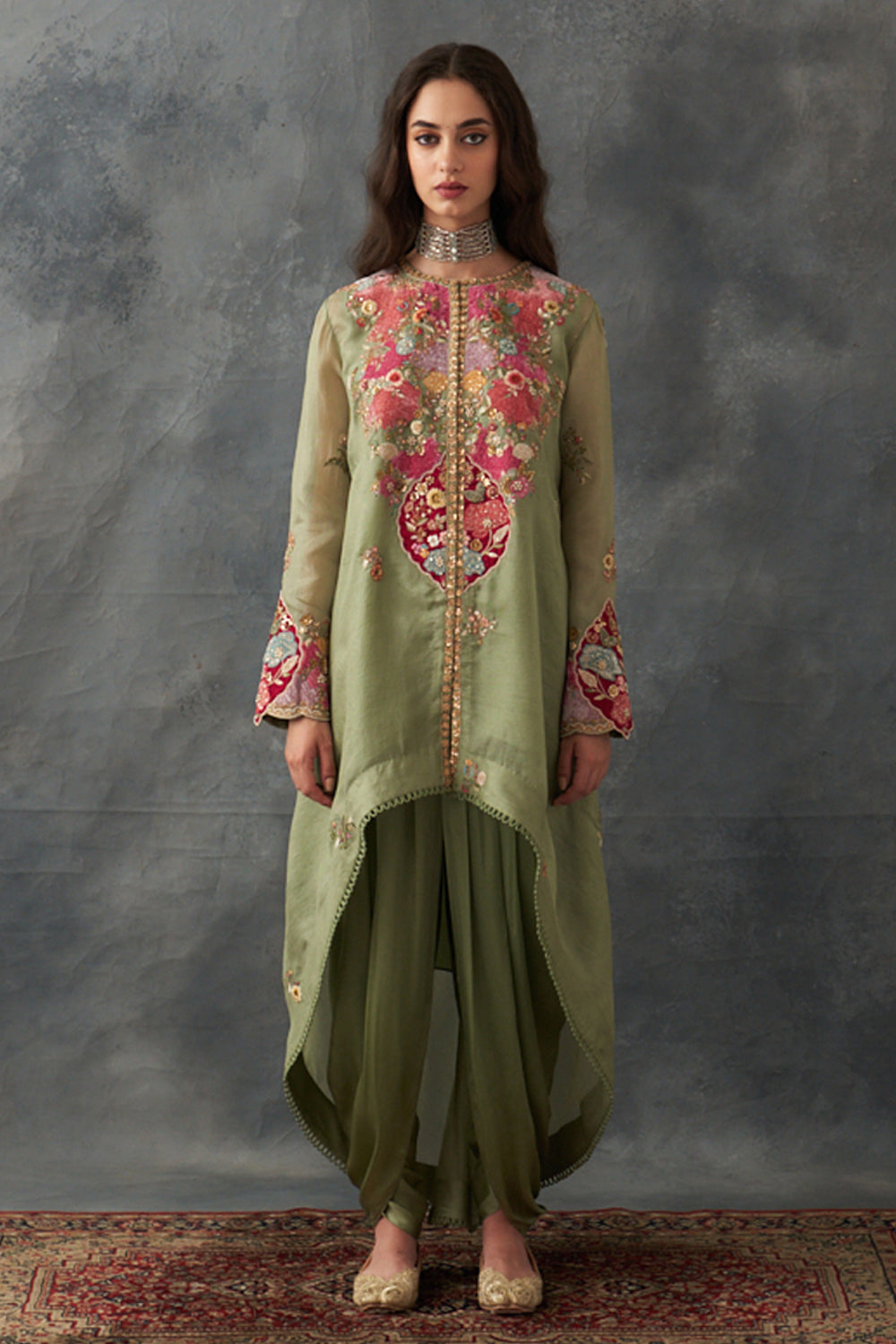 Olive Asymmetrical Kurta Set