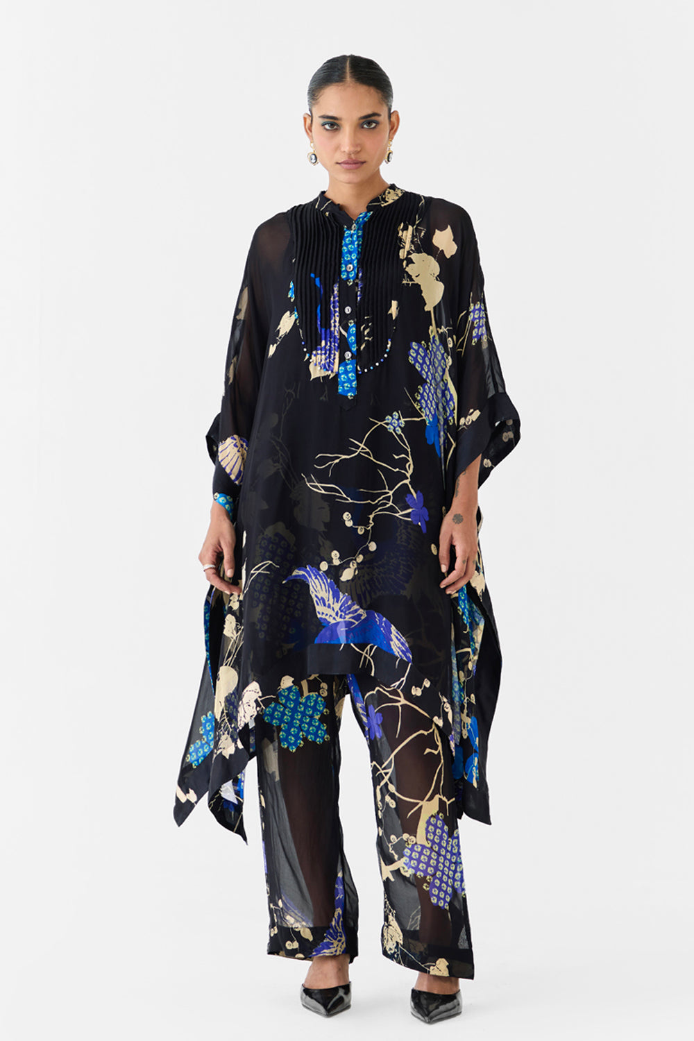 Black Crane Organza Kimono & Pants Co-ord