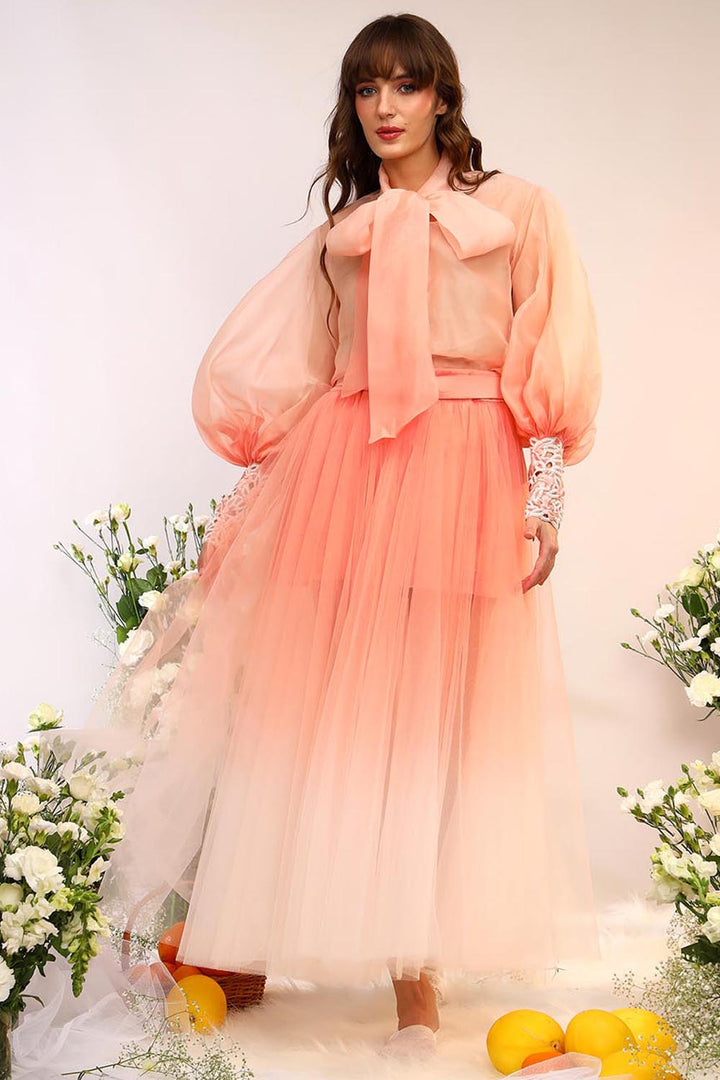Peach Fuzz Organza Tie Up Shirt & Tule Skirt Set