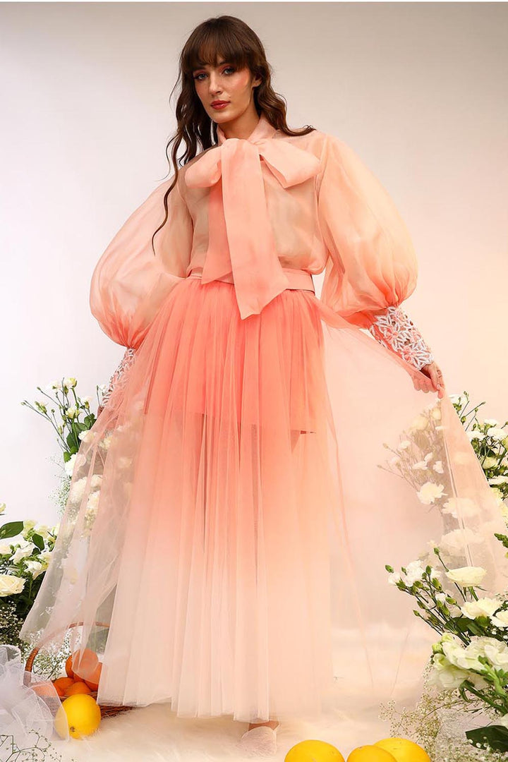 Peach Fuzz Organza Tie Up Shirt & Tule Skirt Set