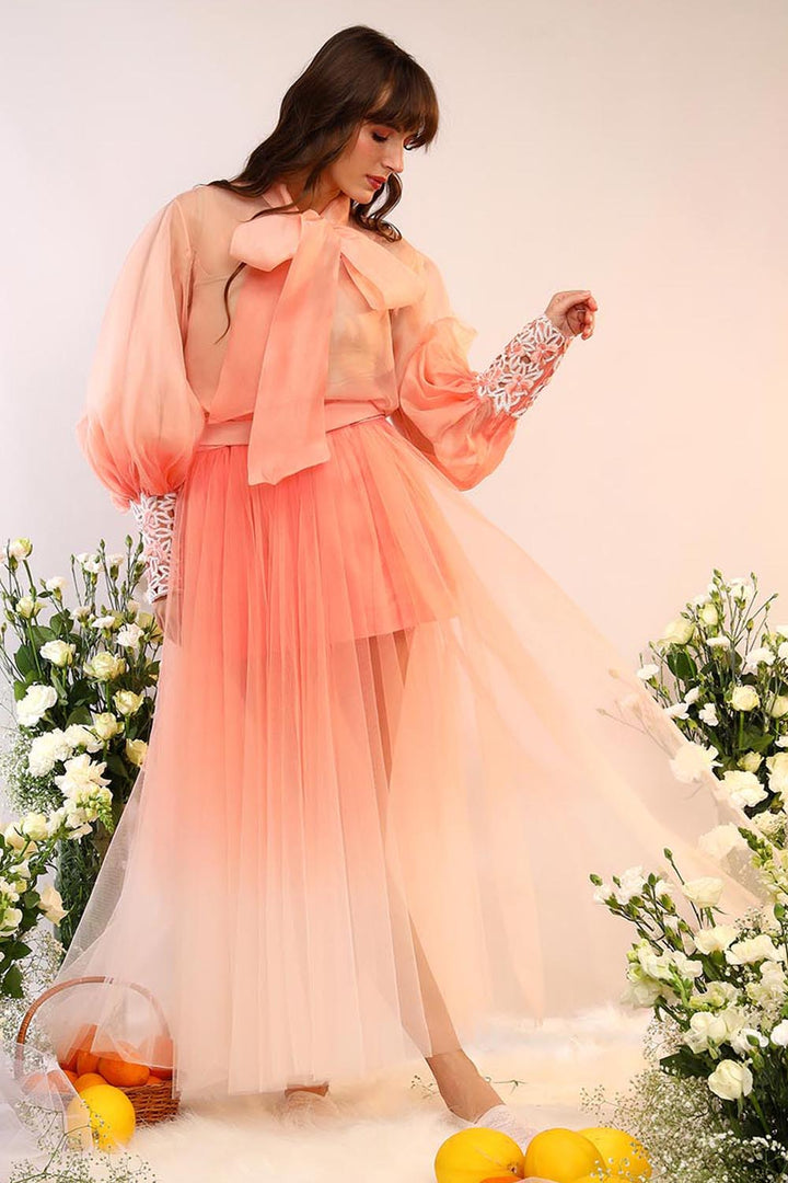 Peach Fuzz Organza Tie Up Shirt & Tule Skirt Set