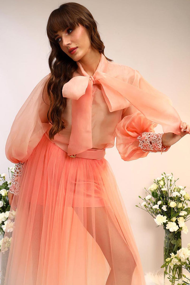 Peach Fuzz Organza Tie Up Shirt & Tule Skirt Set