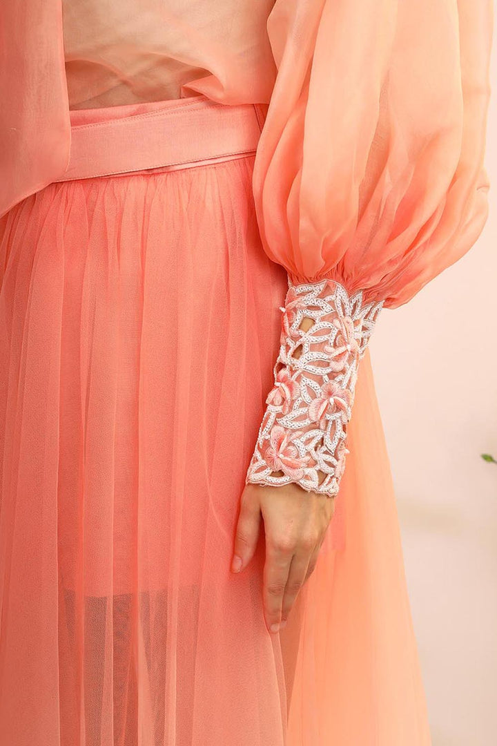 Peach Fuzz Organza Tie Up Shirt & Tule Skirt Set