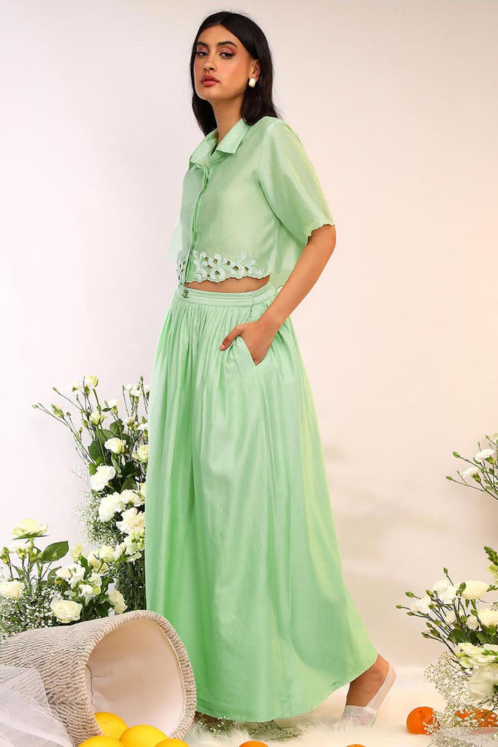 Kiwi Green Cropped Shirt & Skirt Set
