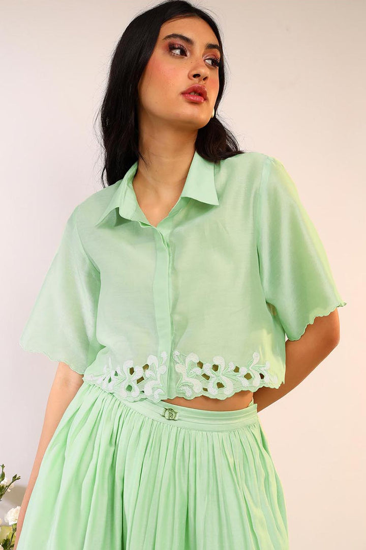 Kiwi Green Cropped Shirt & Skirt Set