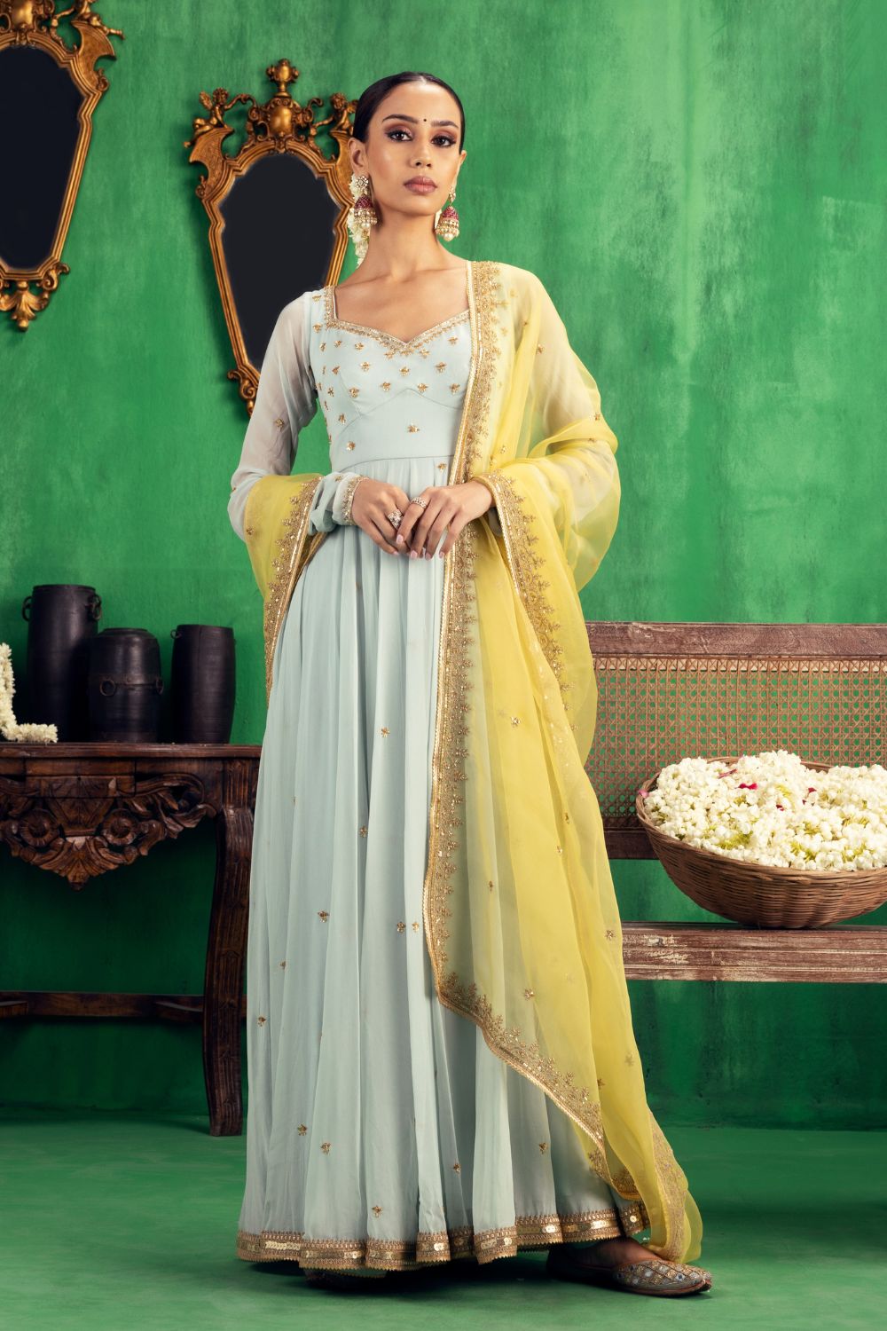 Aqua-Yellow Anarkali Set