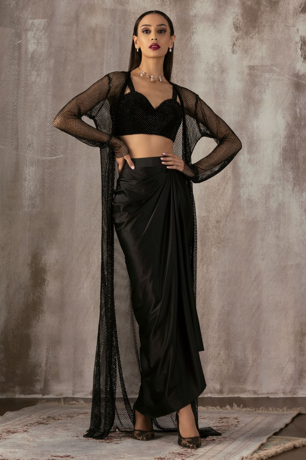 Black Drape Dhoti Skirt & Jacket Set
