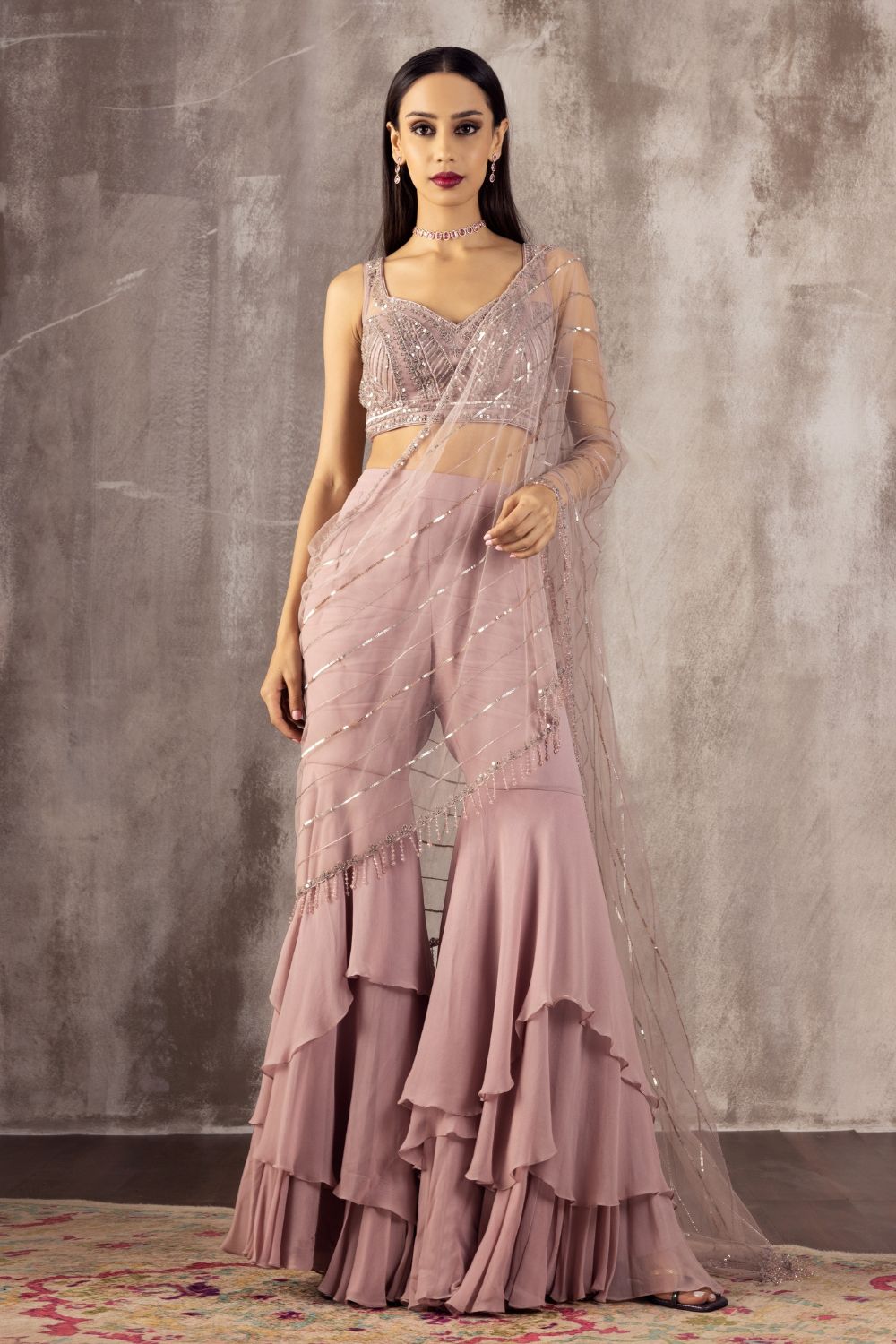 Lavender Draped Saree Gharara Set