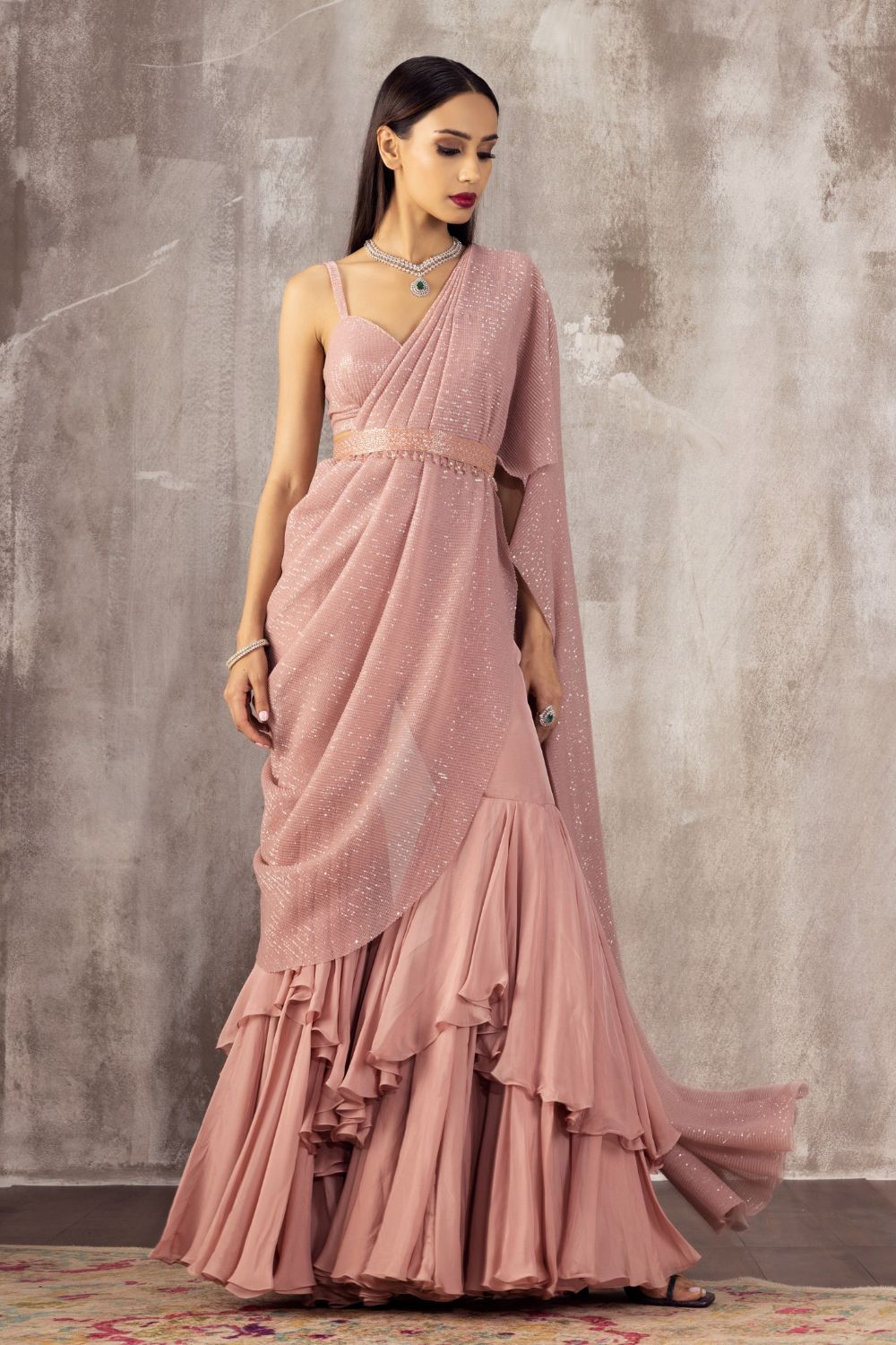 Baby Pink Draped Saree Sharara Set