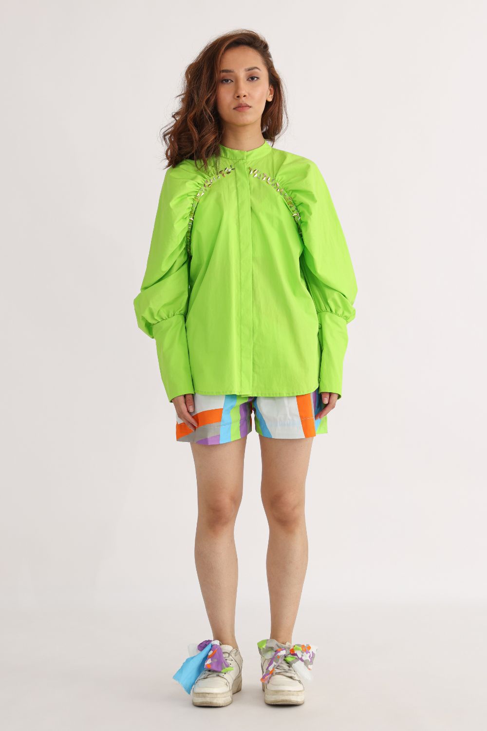 Lime Green Puff Sleeves Shirt