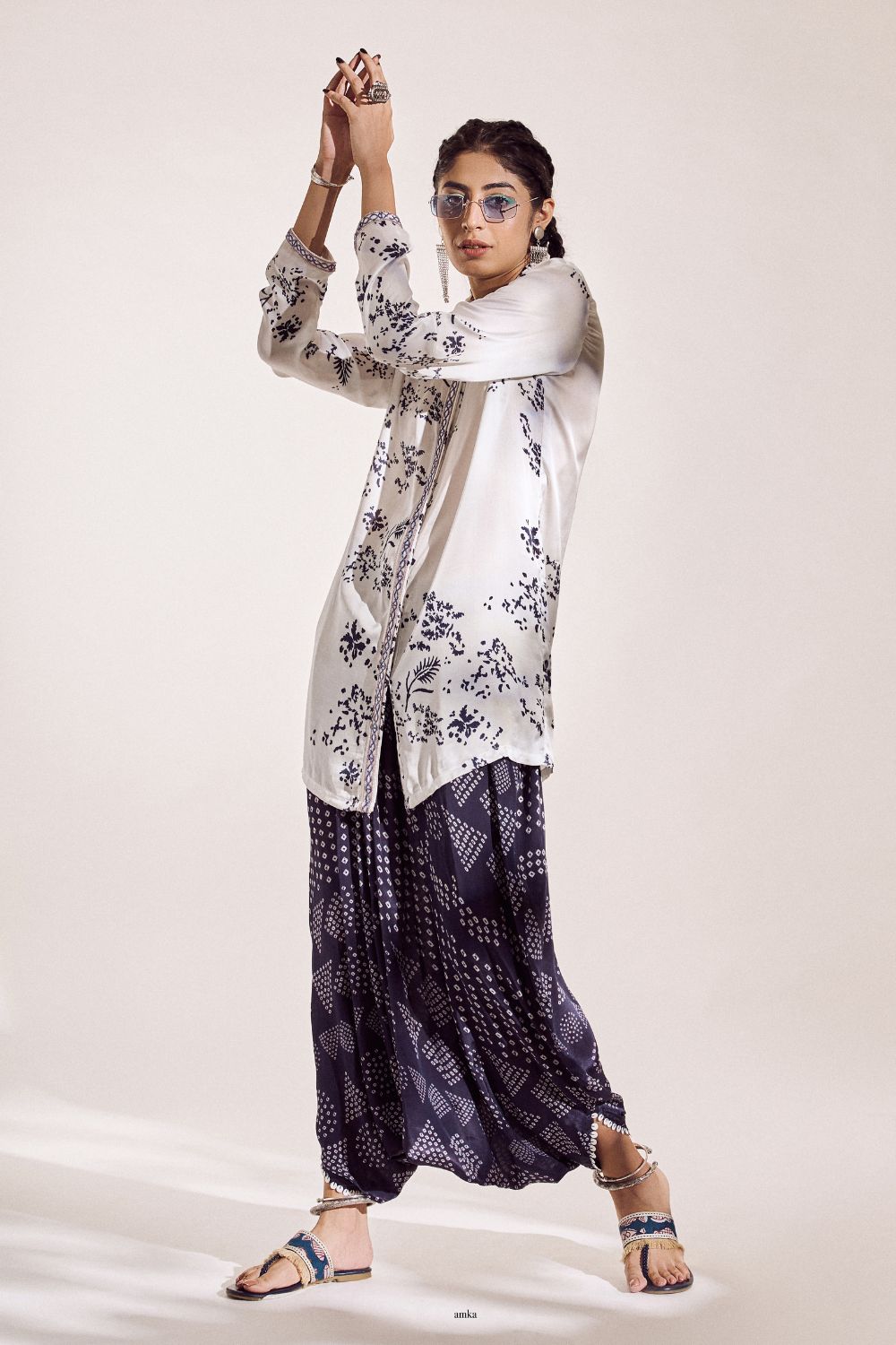 Bandhej Blue & Macaroon White Co-ord Set