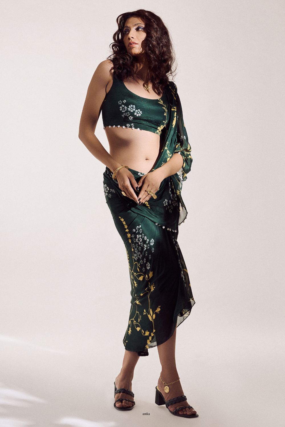 Basil Green Pre Draped Saree