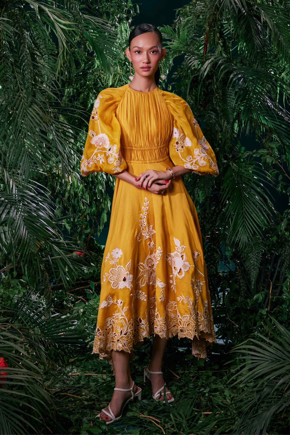 Yellow Contrast Cutwork Ruched Dress