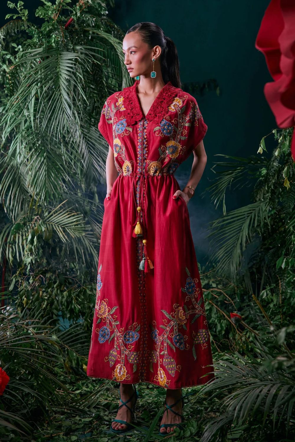Red Floral Embroidered Shirt Dress