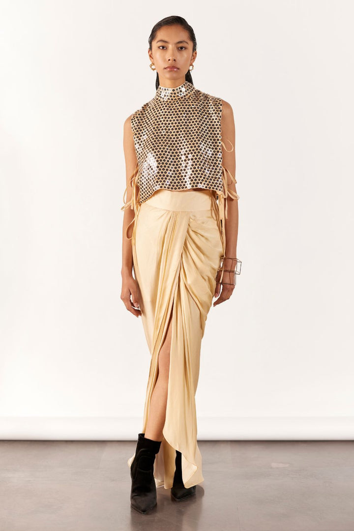 Champagne Embroidered Top & Draped Skirt Set