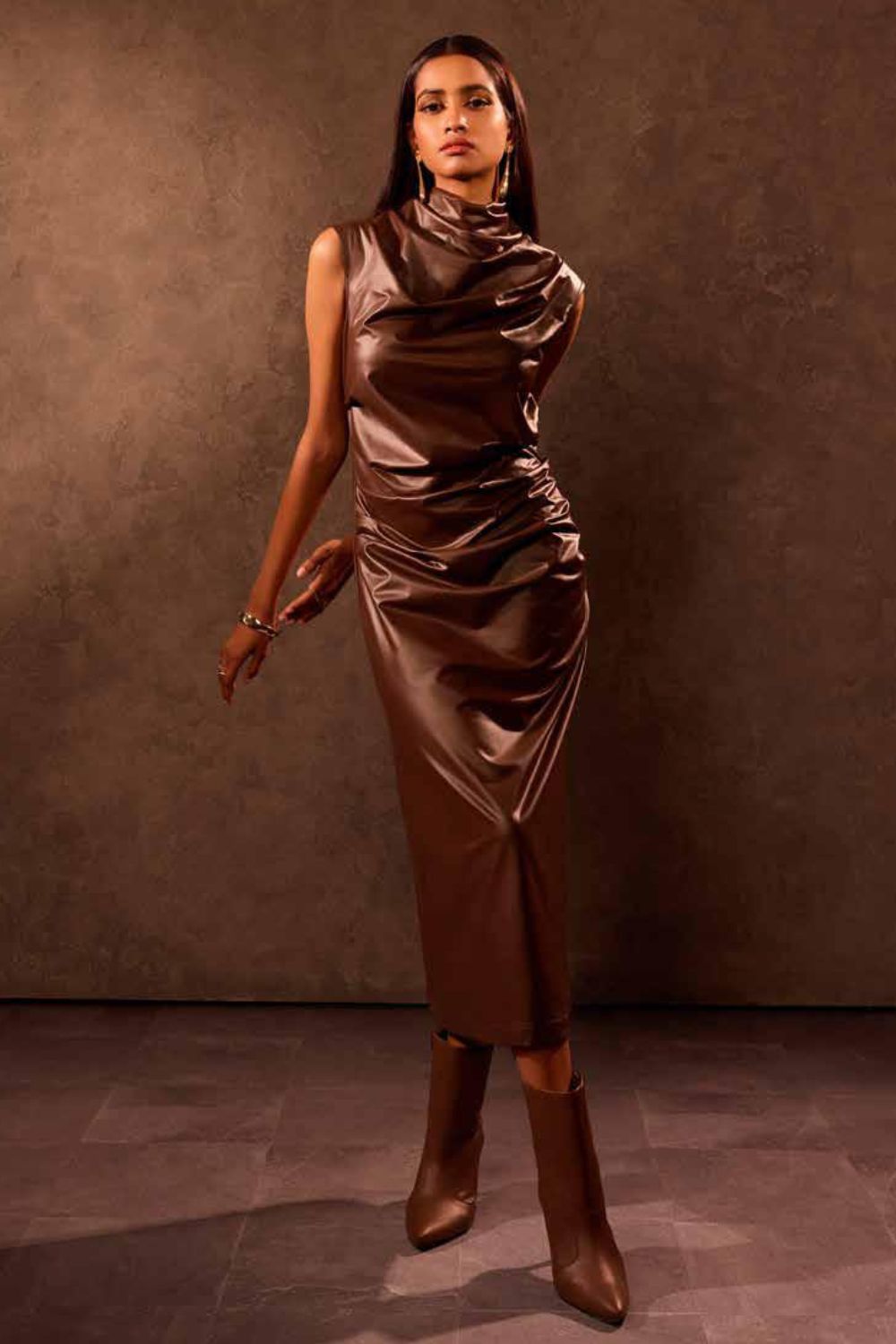 Mocha Faux Leather Calf Length Drape Dress